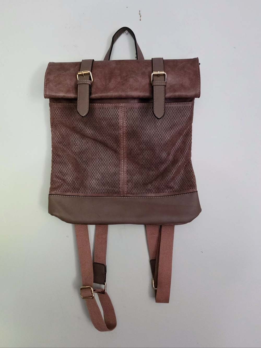 Brown Faux Leather Brown Roll-Top Mesh Backpack